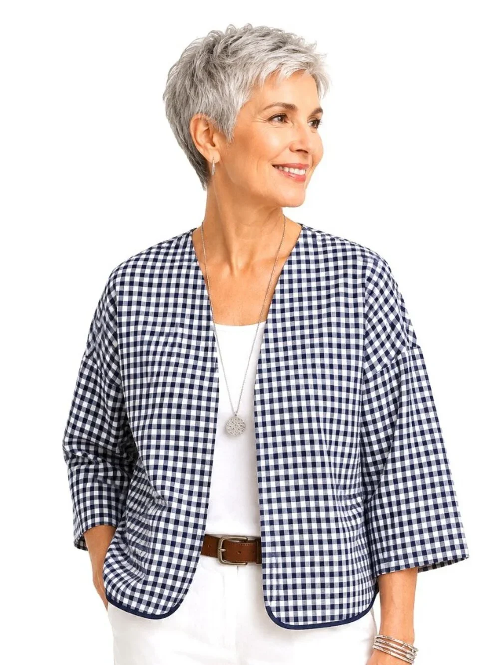 Anne Klein Navy Blue White Plaid Check Linen Cotton Blazer NWT
